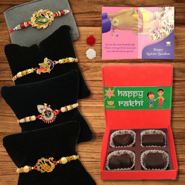 BOGATCHI 4 Chocolate Box 4 Rakhi Roli Chawal and Greeting Card H | Rakhi gifts | Rakhi with Gift Combo 